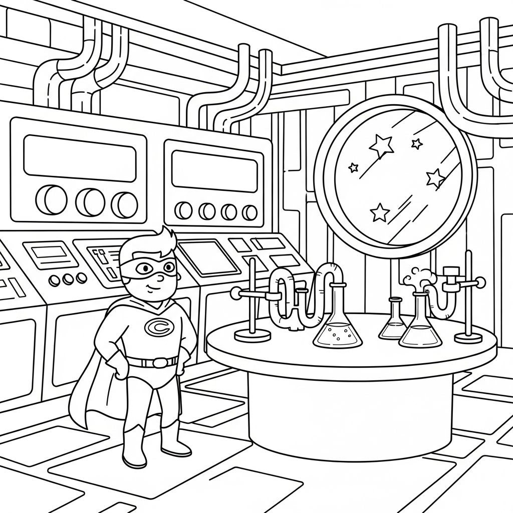 Fun Superhero in a Secret Lab Coloring Page for Kids coloring page