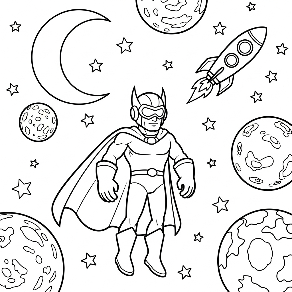 Einfache Superhelden im Weltraum Mission Malvorlage coloring page printable