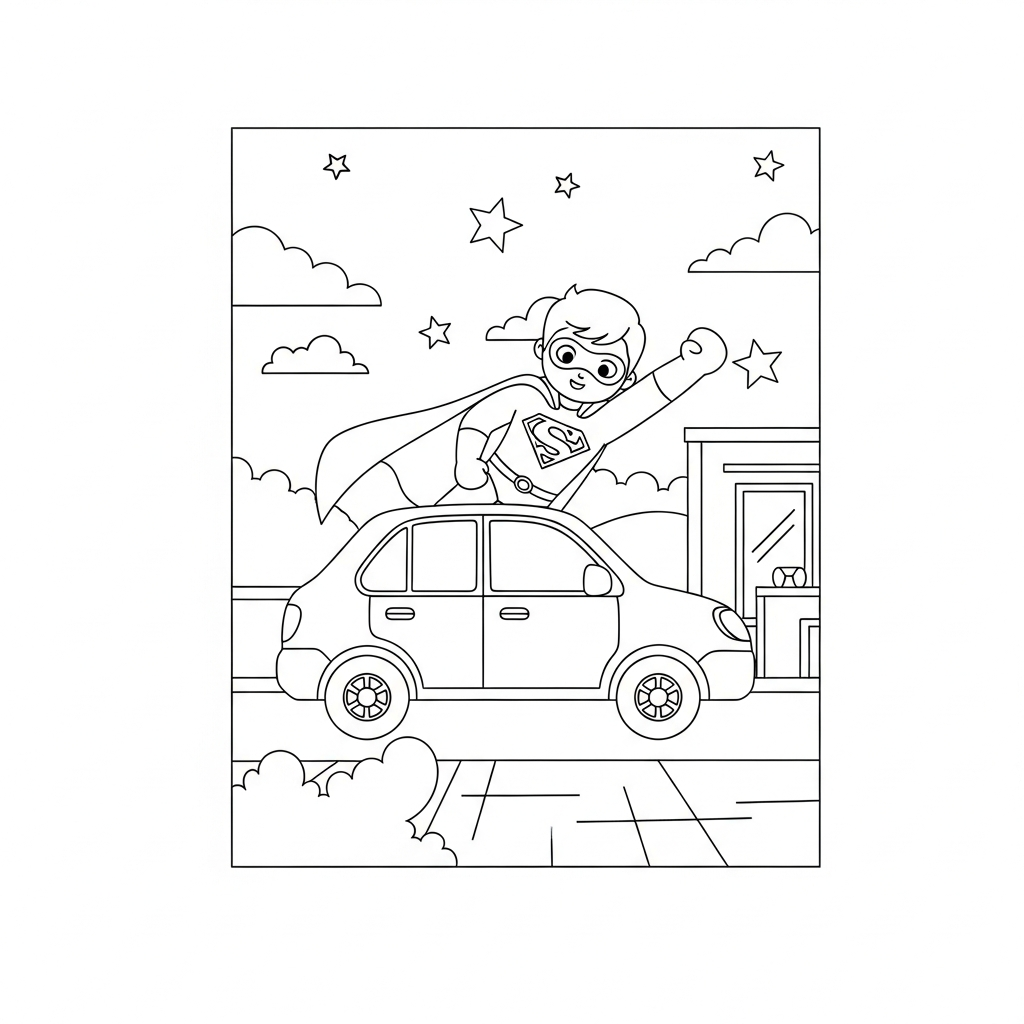 Página para Colorear: Superhéroe Fácil Salvando un Auto coloring page