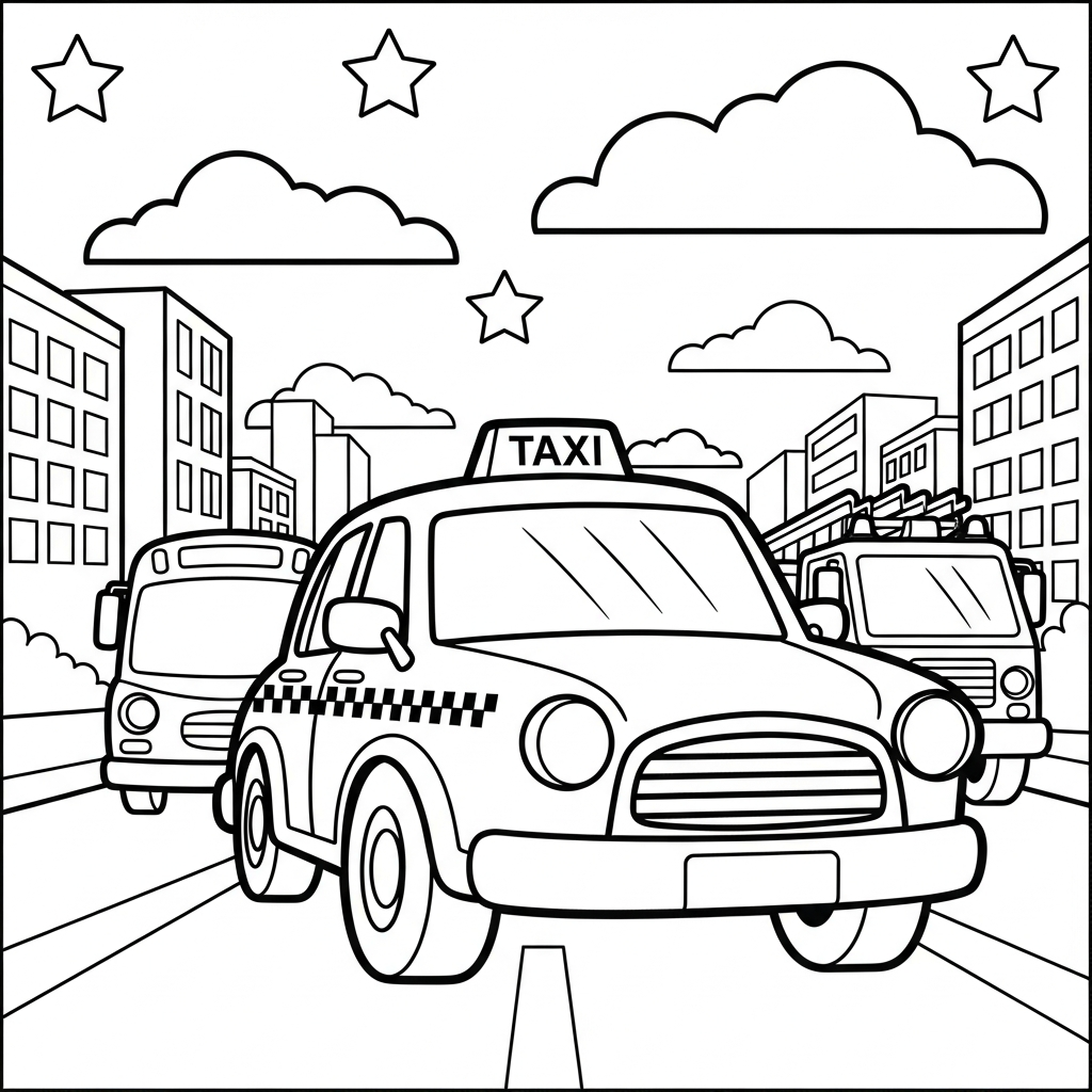 Einfache Taxi-Cab-Ausmalbild in einer Parade von Stadtfahrzeugen coloring page