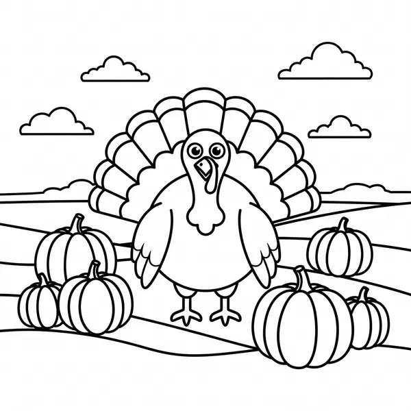 Einfache Ausmalbild von Thanksgiving-Truthahn neben Kürbisfeld coloring page printable