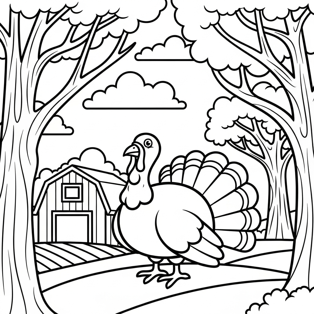 Coloriage de Dinde de Thanksgiving Facile à la Ferme en Automne coloring page