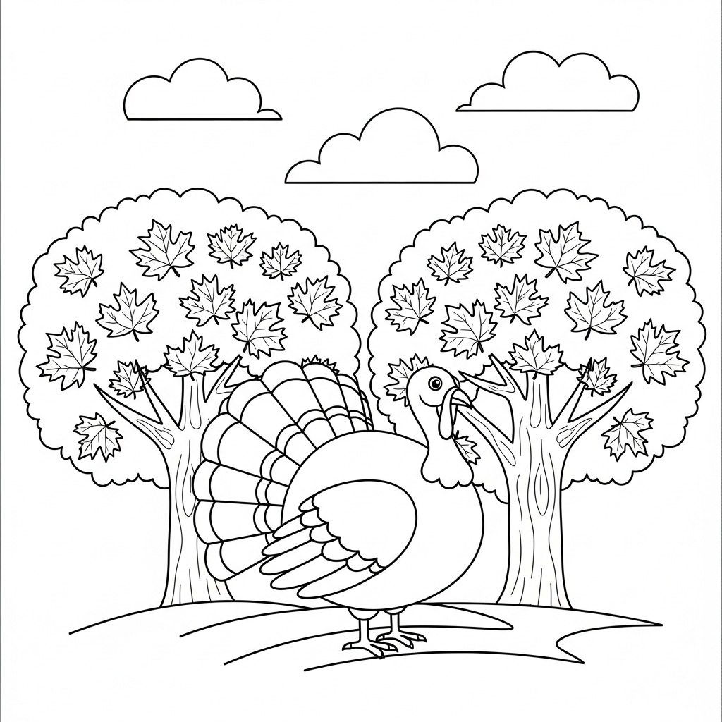 Einfache Ausmalbild von einem Thanksgiving-Truthahn unter Ahornbäumen coloring page printable