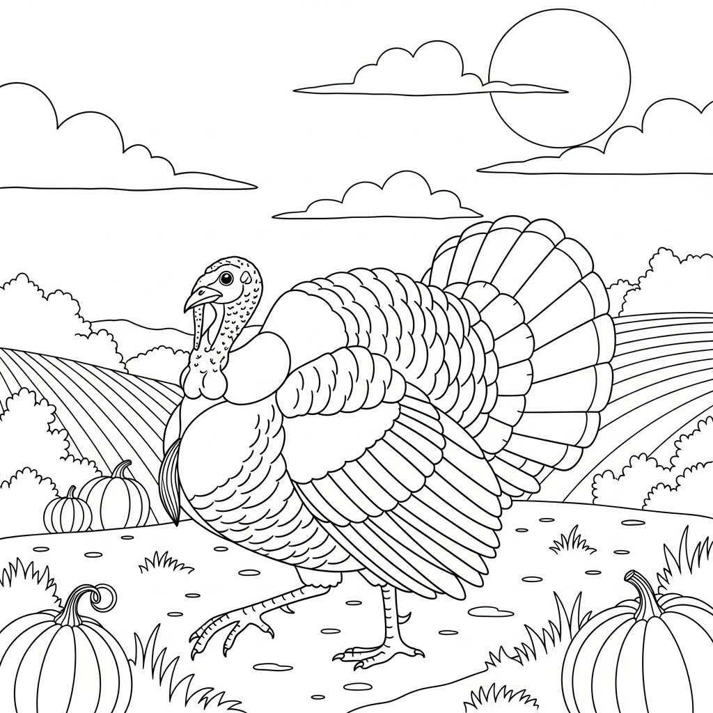 Eenvoudige Kleurenpagina van een Kalkoen die Door een Herfstveld Wandelt coloring page