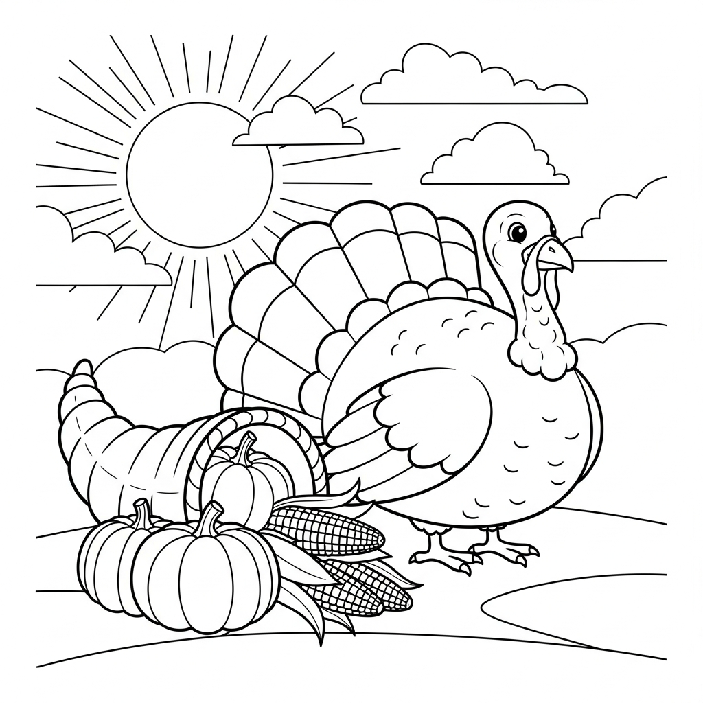 Einfache Farbseite mit Thanksgiving-Türkei und Füllhorn coloring page printable