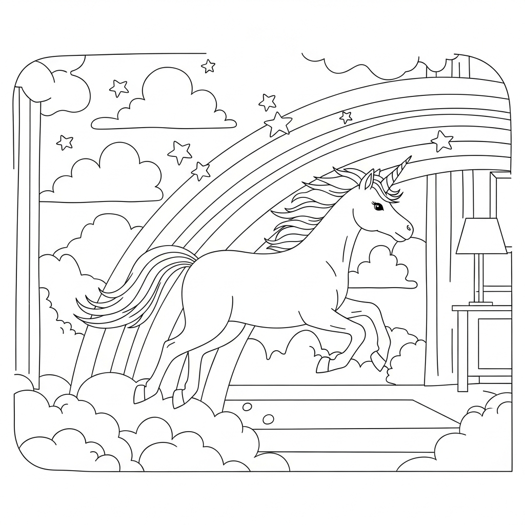 Página para Colorear: Unicornio Fácil Galopando a Través de un Arcoíris coloring page printable