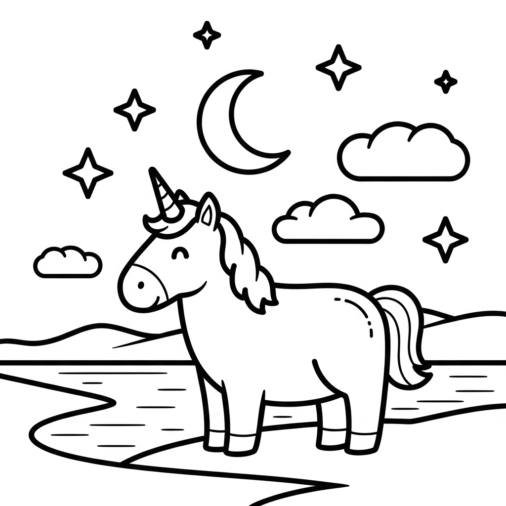 Eenvoudige Eenhoorn Bij Een Maanverlichte Meer Kleurplaat coloring page