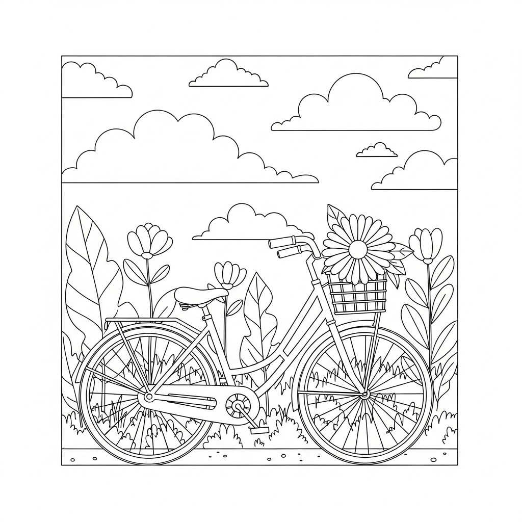 Page de Coloriage Velo Vintage Facile dans le Jardin coloring page