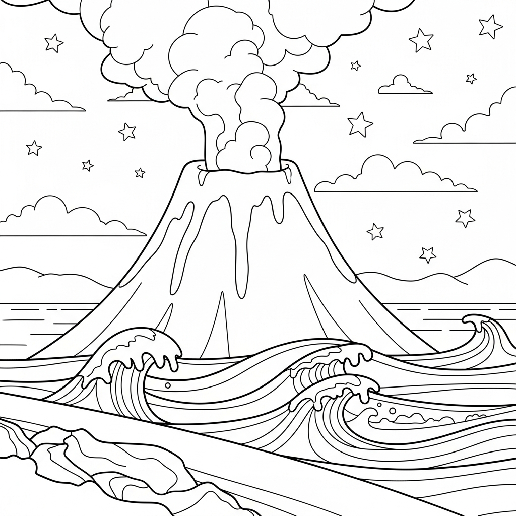 Pagina da Colorare: Vulcano Facile Accanto alle Onde dell'Oceano coloring page