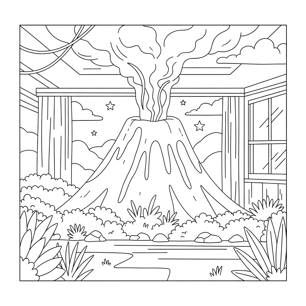 Página para Colorear Volcán Simple en la Selva Tropical coloring page printable