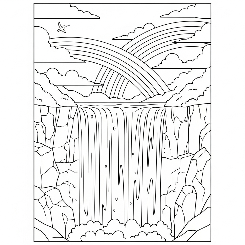 Fun Waterfall Coloring Page with Rainbow for Kids coloring page