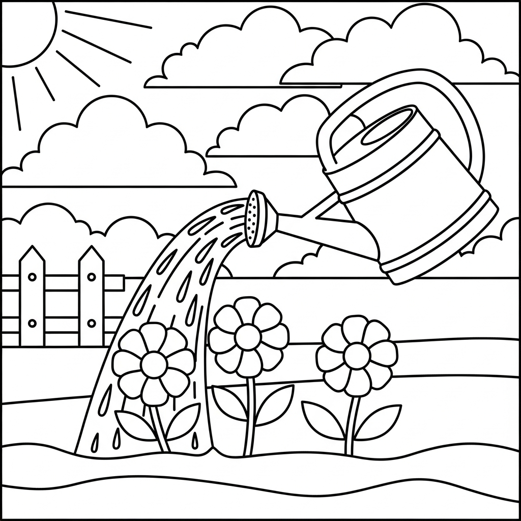 Fun Watering Can Garden Flowers Coloring Page coloring page