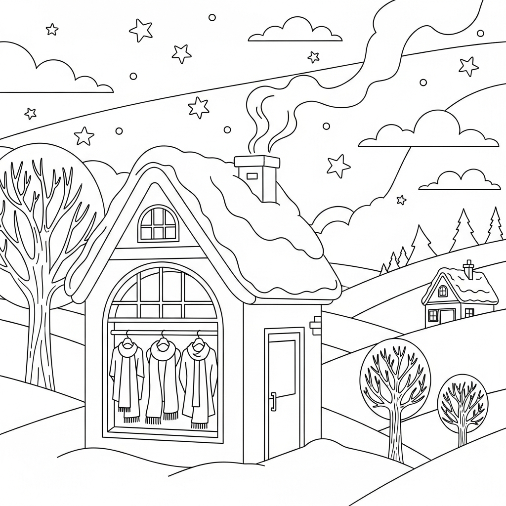 Fácil Dibujo para Colorear de un Pueblo Invernal con Tienda de Bufandas coloring page printable