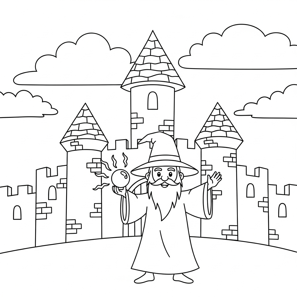 Fun Wizard Casting a Spell in a Magical Castle Coloring Page coloring page