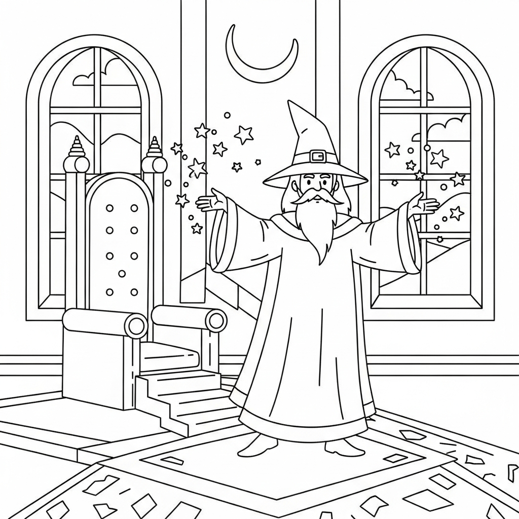 Fun Wizard Coloring Page in a Majestic Throne Room coloring page