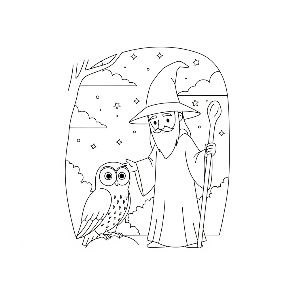 Charming Wizard and Owl Coloring Page for Kids coloring page