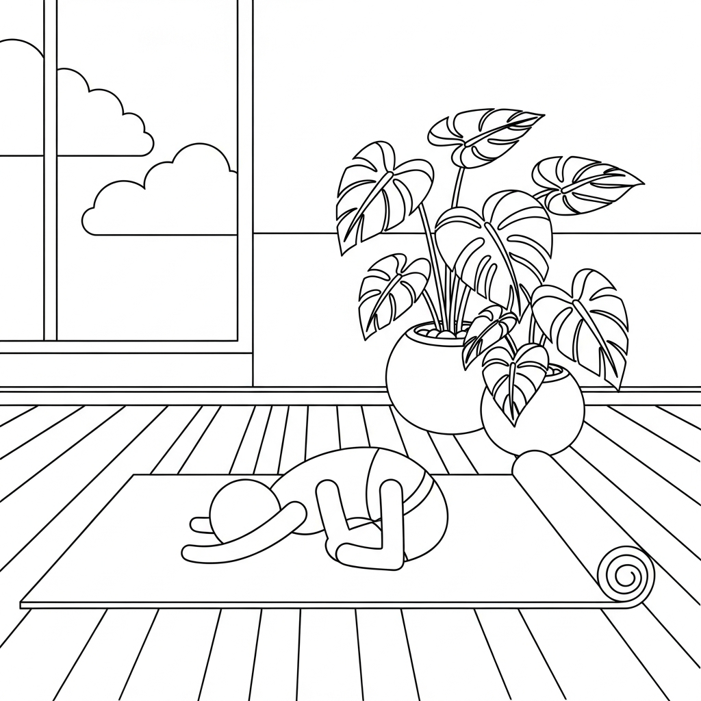 Relaxing Yoga Mat Coloring Page with Houseplants coloring page