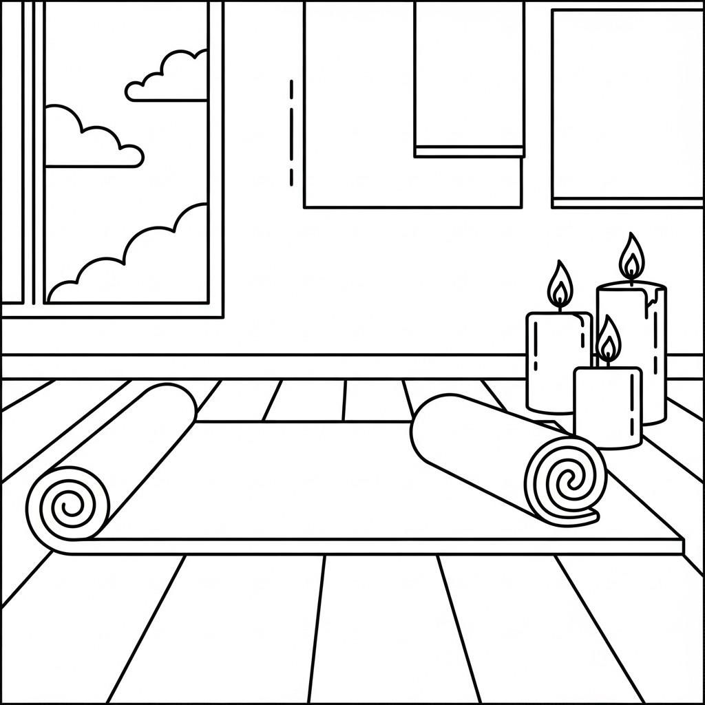 Einfache Yoga-Matte Neben Handtuch Und Kerzen Malvorlage coloring page printable