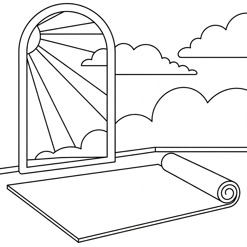 Einfache Yoga-Matte unter dem Sonnenlicht Fenster Malvorlage coloring page printable