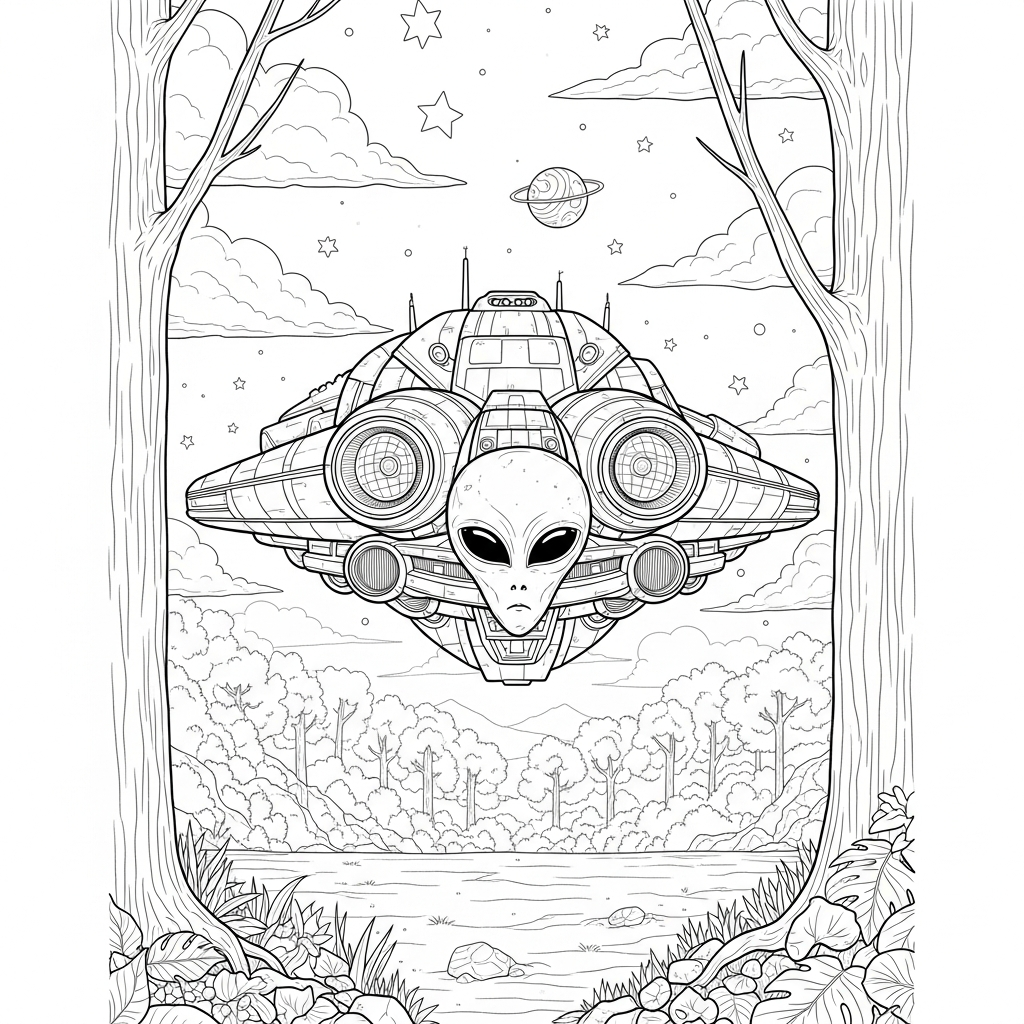 Detailed Alien Spaceship Over Forest Coloring Page coloring page