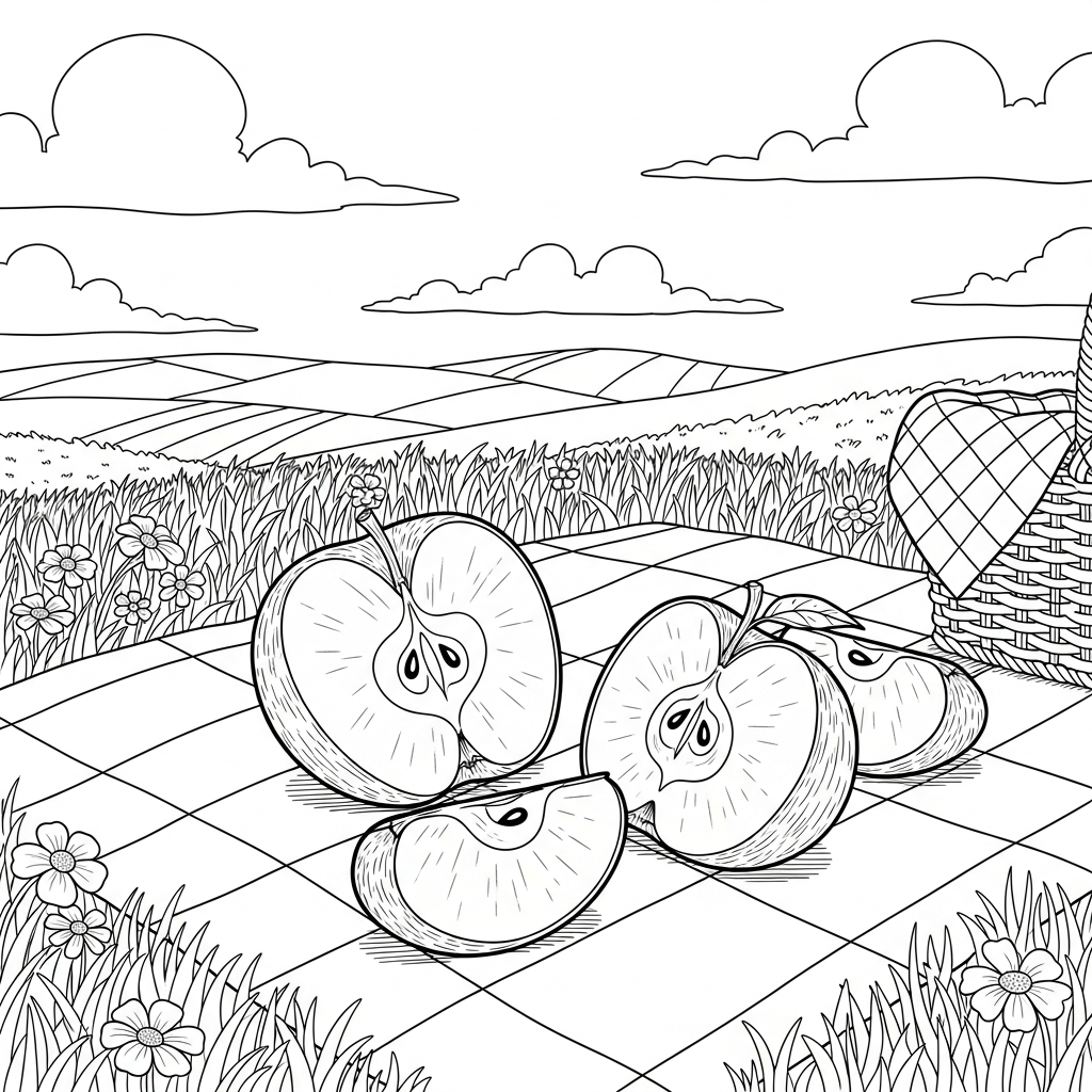 Tranches de Pomme Réalistes à Colorier sur une Nappe de Pique-nique coloring page