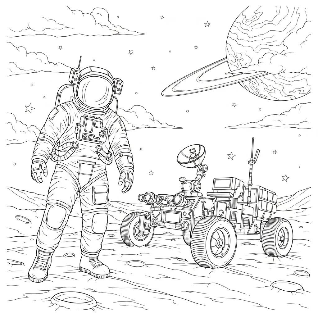 Página para Colorear de Astronauta Realista y Rover en la Superficie Lunar coloring page