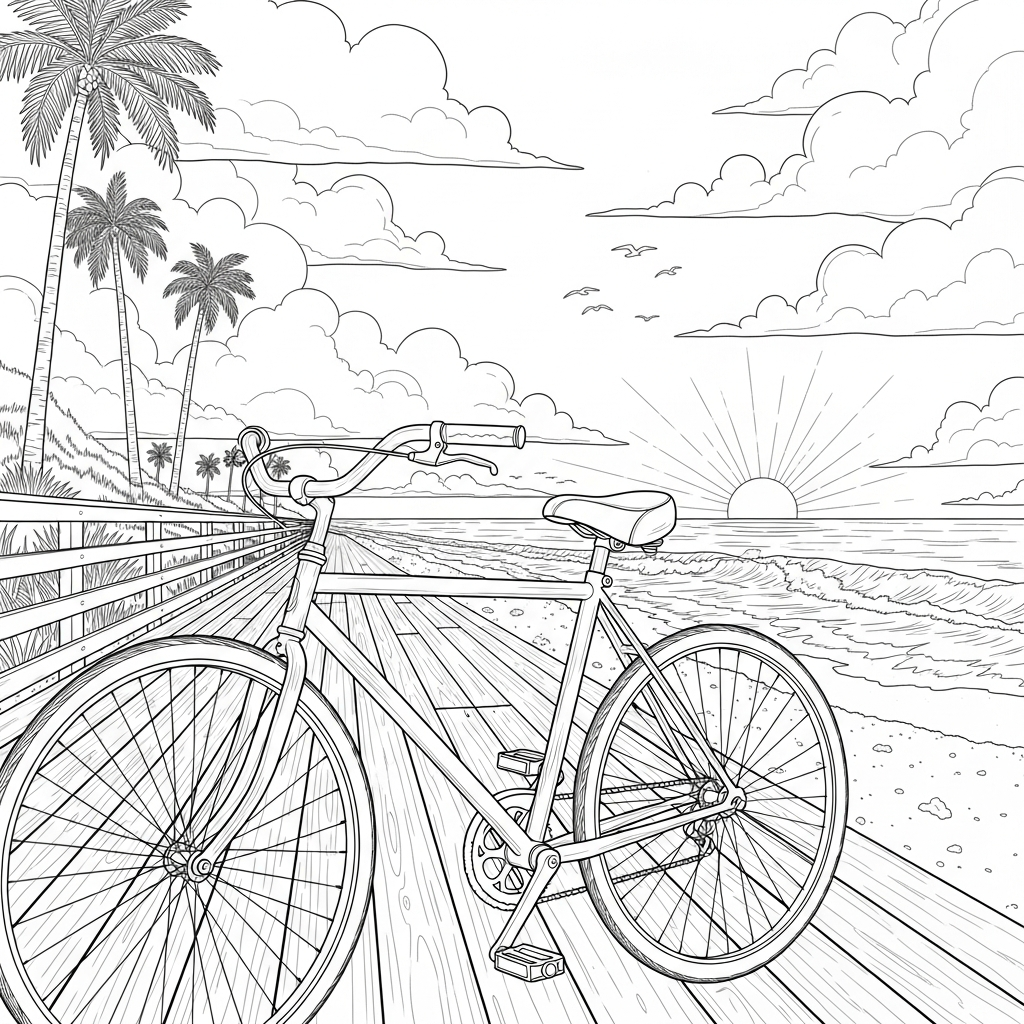 Moeilijke Realistische Fiets Op Strandpromenade Kleurplaat coloring page
