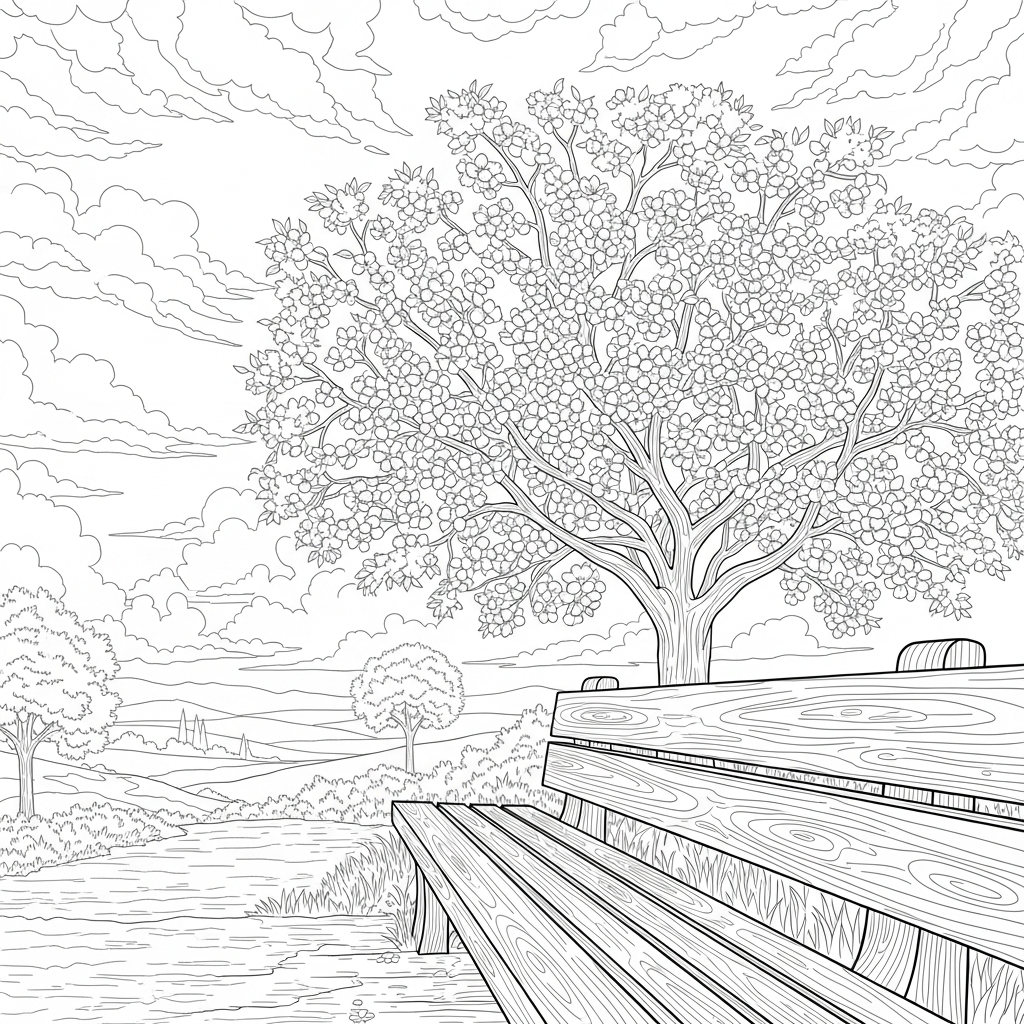 Detailed Cherry Blossom Tree Coloring Page with Wooden Bench coloring page