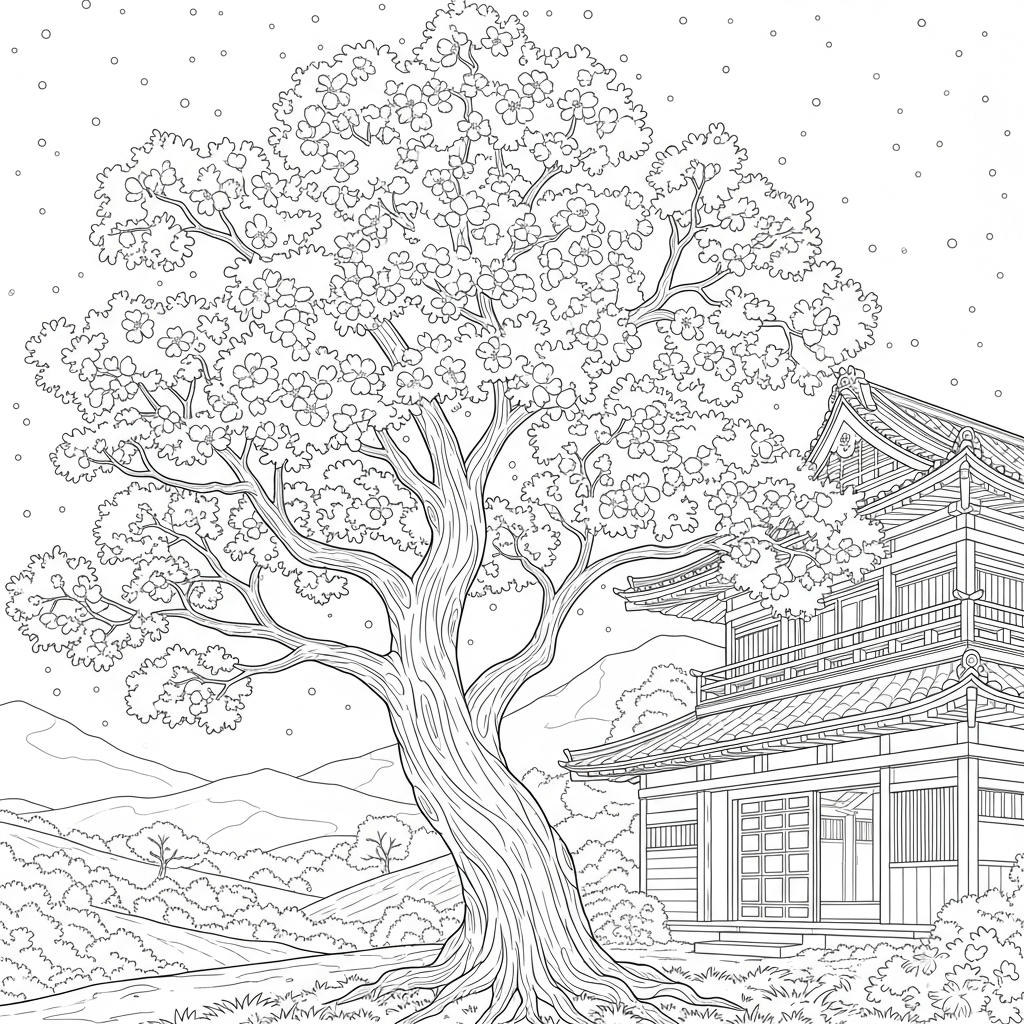 Intricate Cherry Blossom Tree Coloring Page Near a Traditional Japanese House coloring page