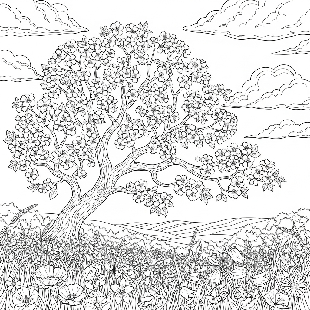 Challenging Cherry Blossom Tree Coloring Page in a Floral Meadow coloring page