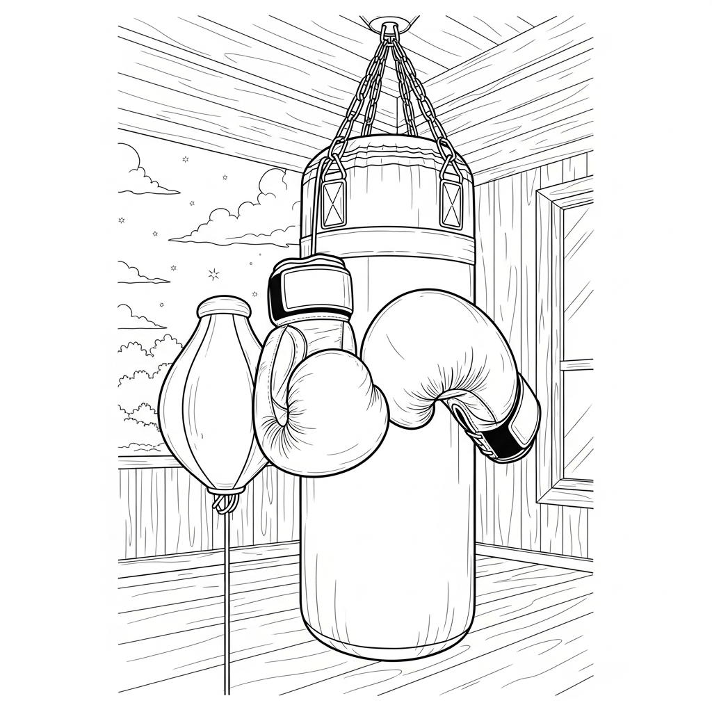 Realistic Boxing Gloves Next to a Punching Bag Coloring Page coloring page printable