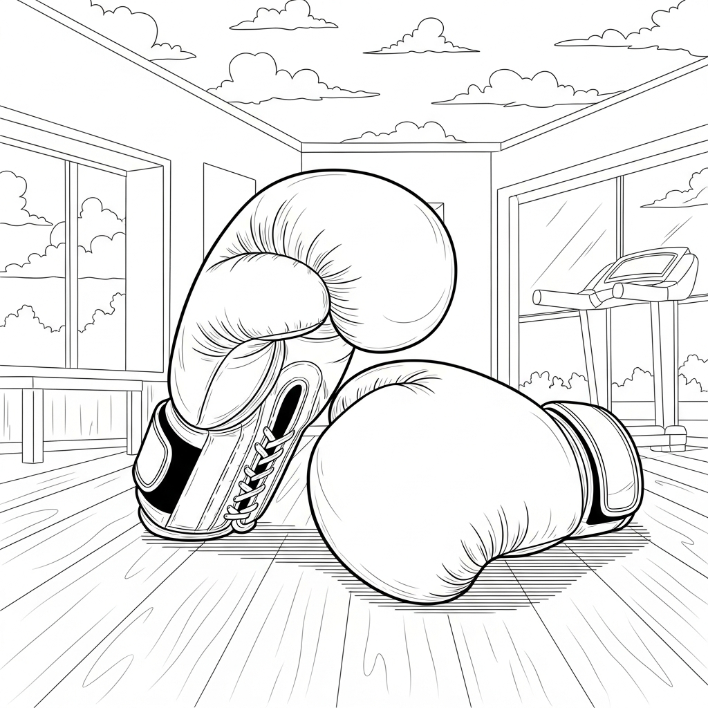 Realistic Boxing Gloves on Gym Floor Coloring Page coloring page printable