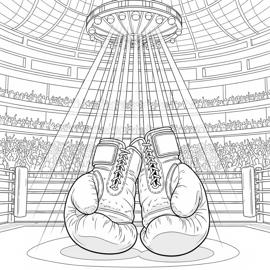 Desenho para Colorir de Luvas de Boxe Realistas em Destaque na Arena coloring page