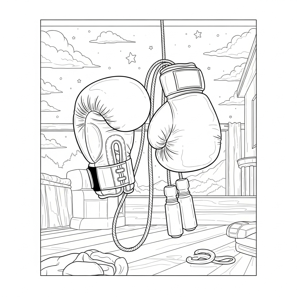 Realistic Boxing Gloves and Jump Rope Coloring Page coloring page printable