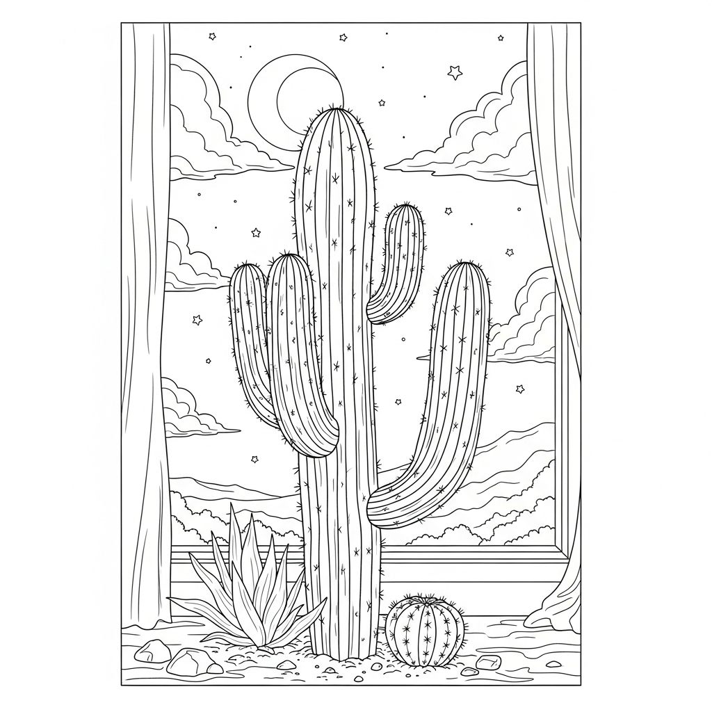 Challenging Cactus Coloring Page Under Moonlight coloring page