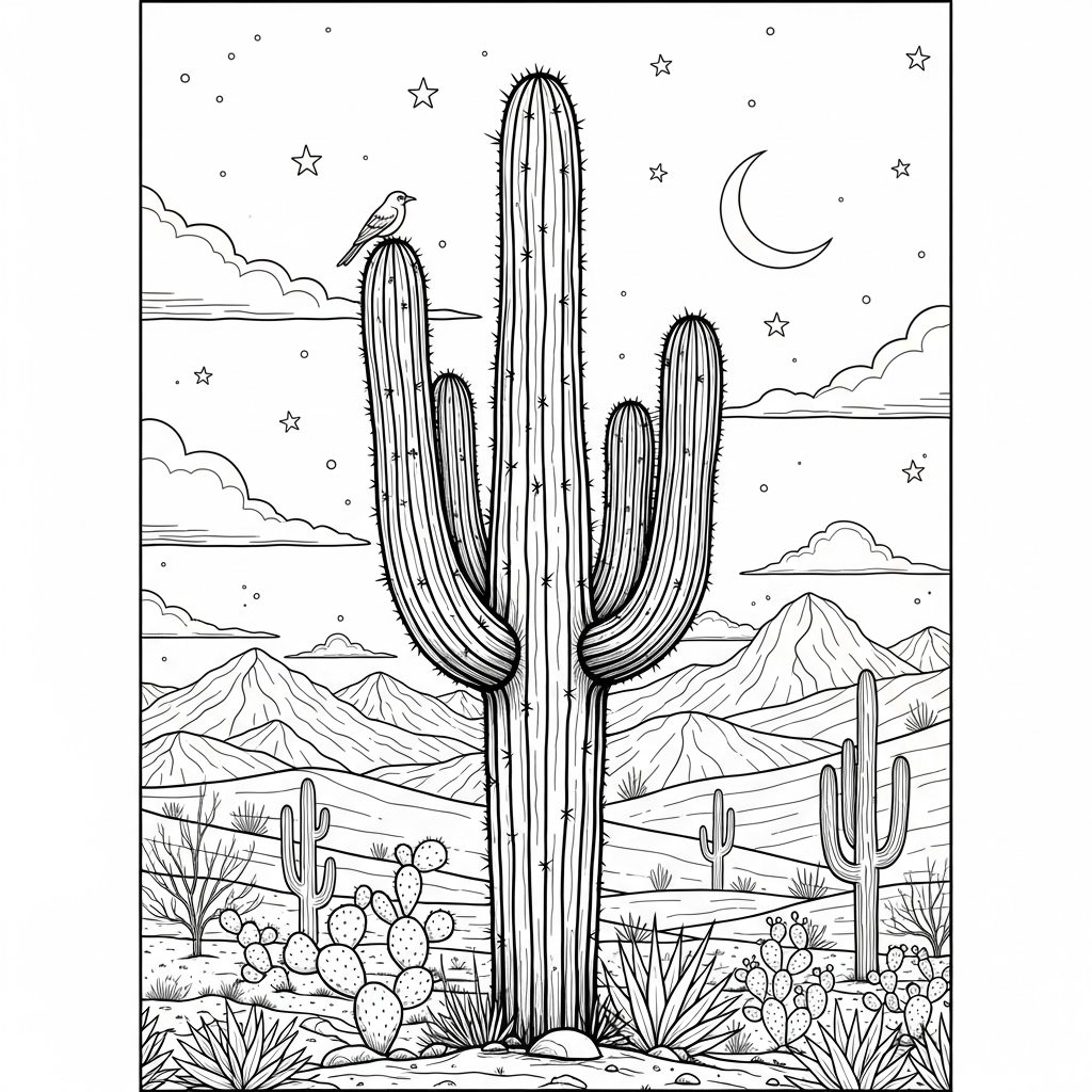 Intricate Cactus Coloring Page with Bird on Top coloring page
