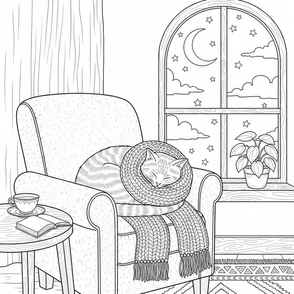 Página Para Colorear Gato Realista Acostado Con Una Bufanda Tejida coloring page printable