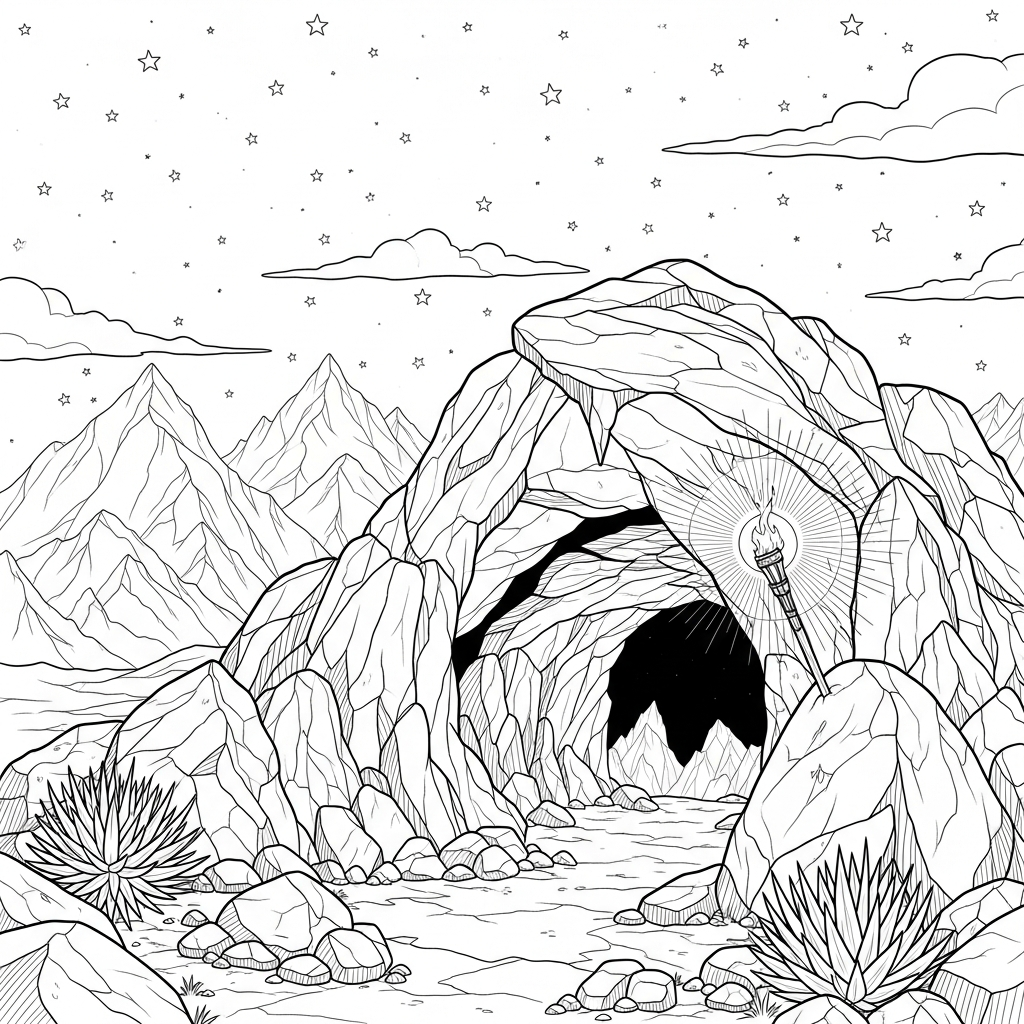 Challenging Cave Entrance with Torchlight Coloring Page coloring page