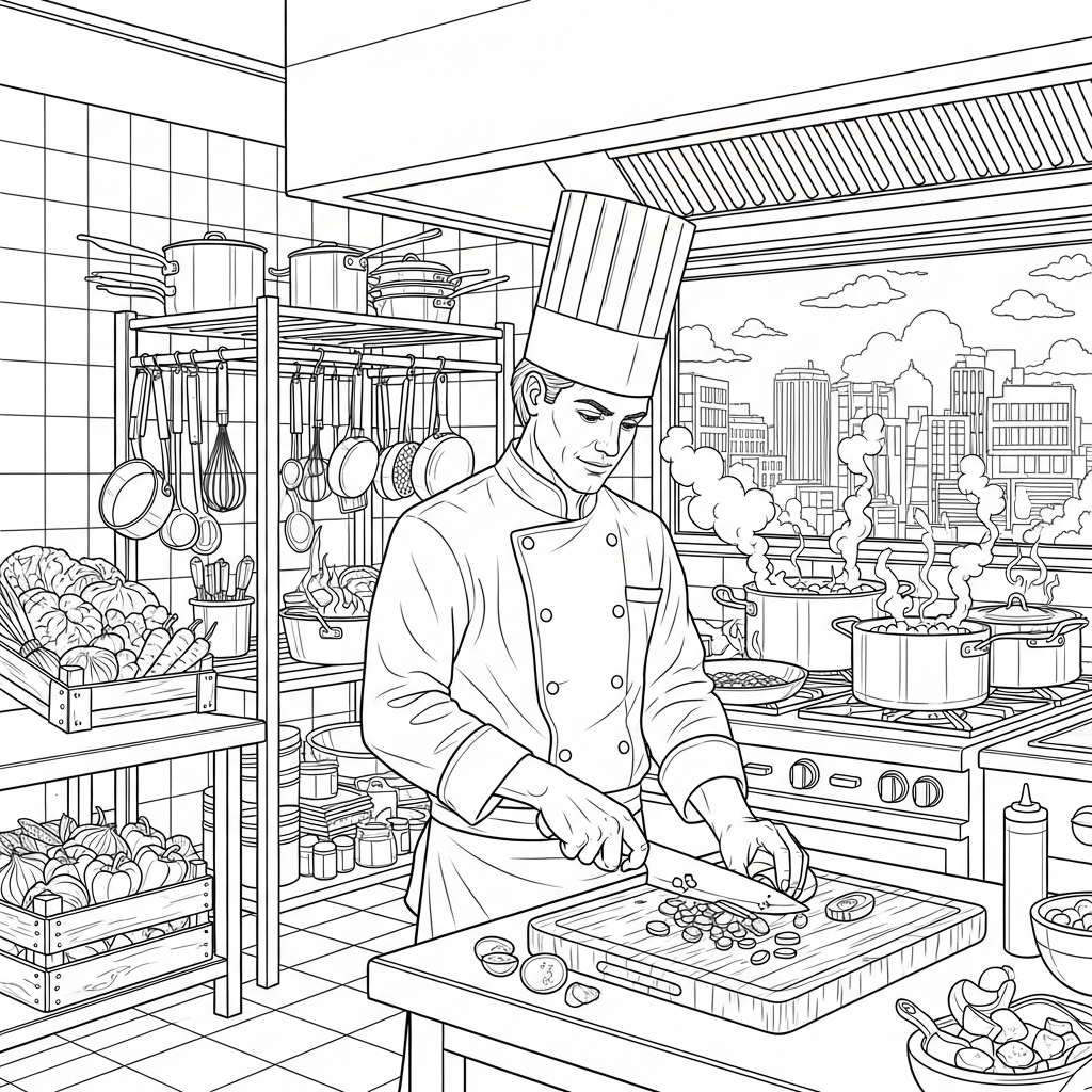Coloriage d'un Chef Réaliste au Travail avec des Ustensiles coloring page