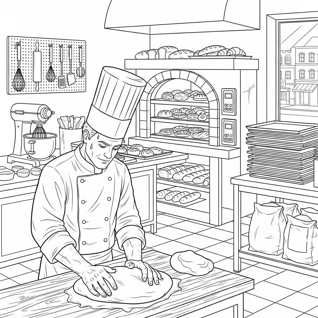 Coloriage D'un Chef Réaliste en Train de Cuire dans une Boulangerie coloring page