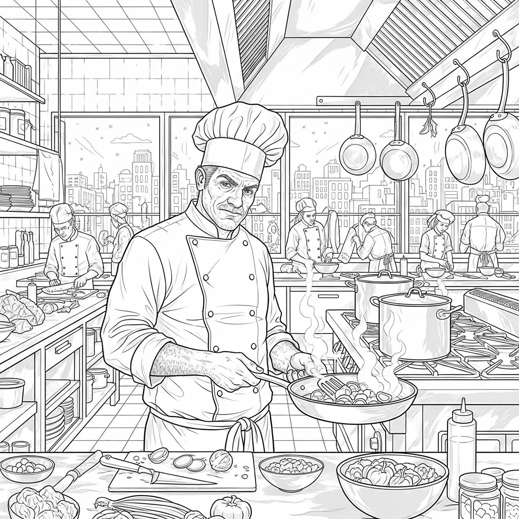 Coloriage Chef Réaliste avec une Poêle coloring page printable