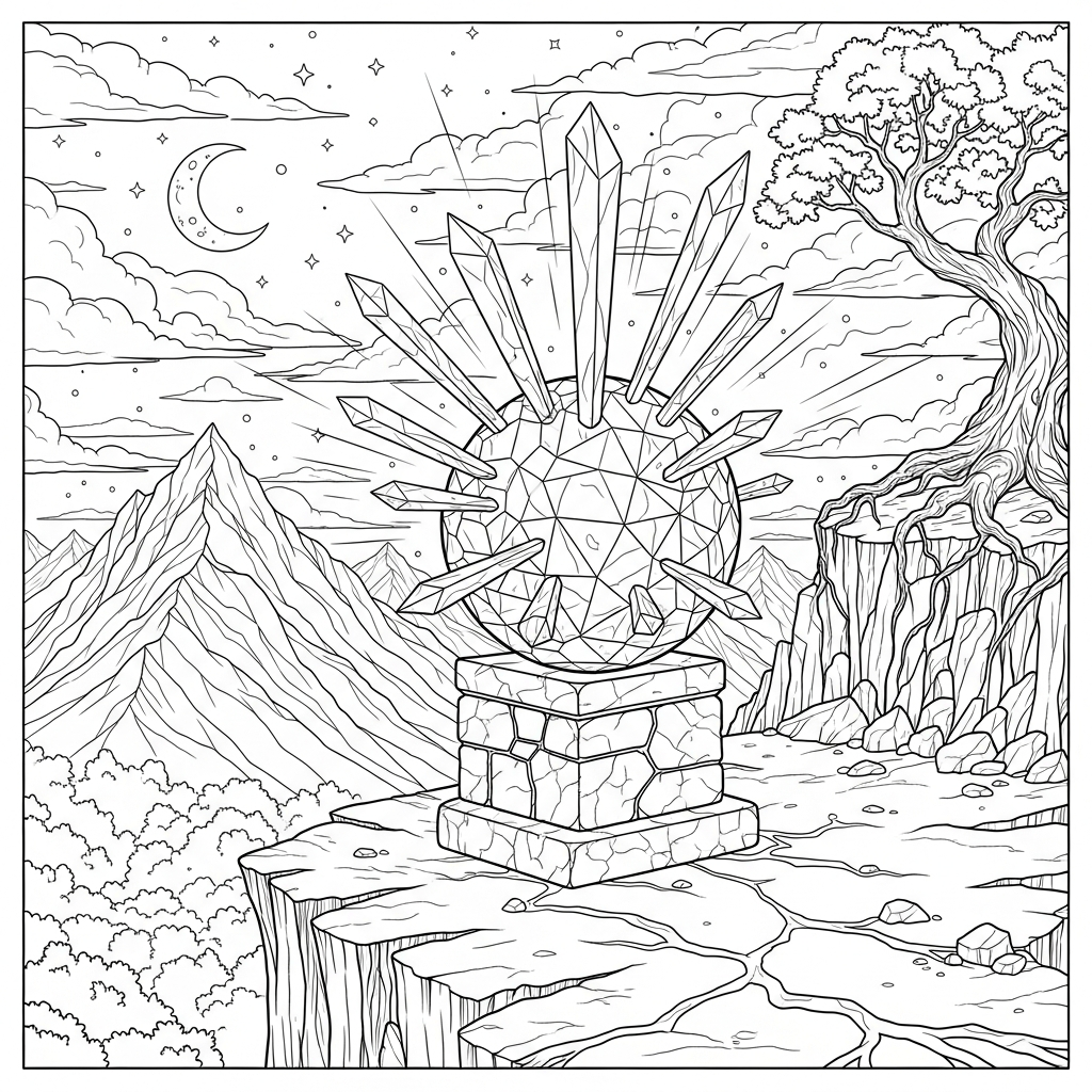 Page à colorier : Boule de cristal réaliste avec faisceaux de cristal coloring page printable