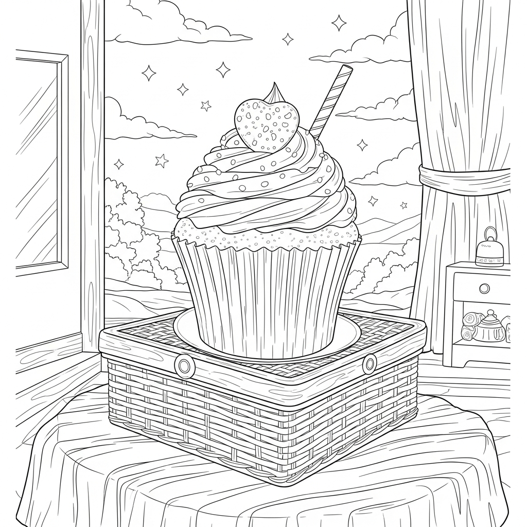 Realistic Cupcake Coloring Page on a Picnic Basket Table coloring page