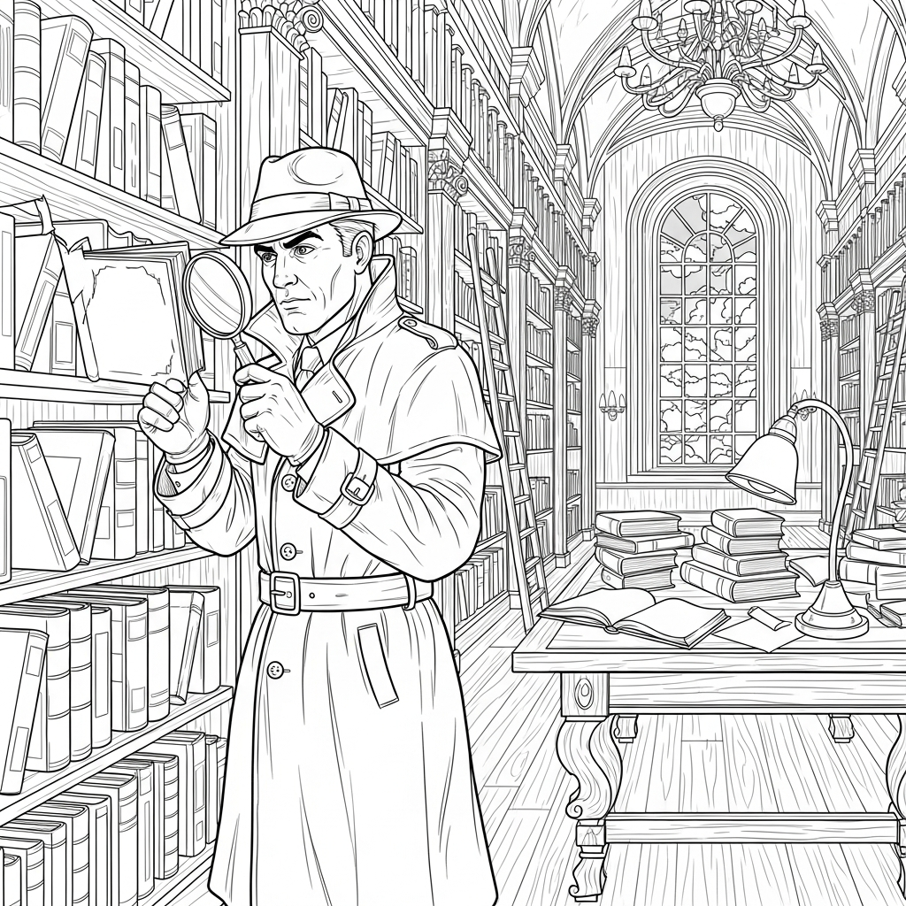 Detective Realistico Difficile in Cerca di Indizi nella Biblioteca da Colorare coloring page