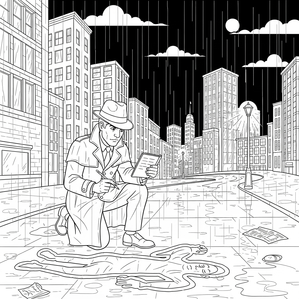 Realistic Detective with Notebook Next to Chalk Outline Coloring Page coloring page