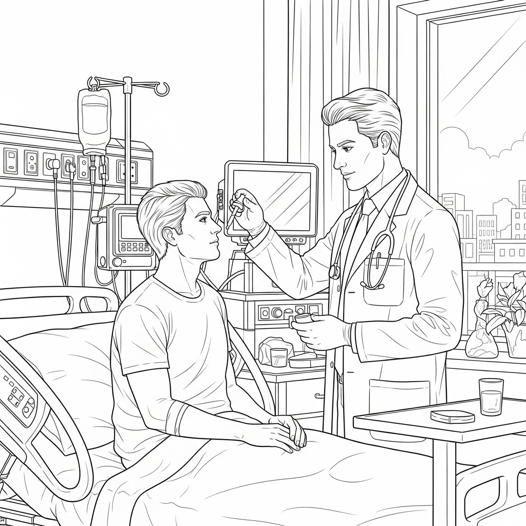Detailed Doctor Administering Medicine Coloring Page coloring page printable