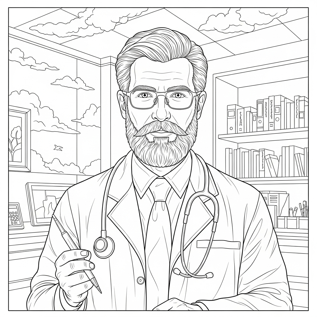 Page de coloriage difficile : Docteur en cabinet médical coloring page