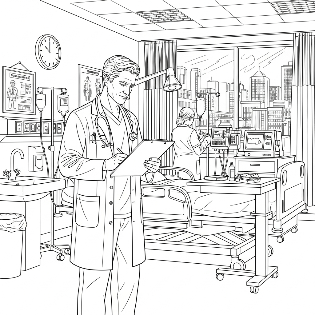 Detailed Doctor Coloring Page in Hospital Setting coloring page printable