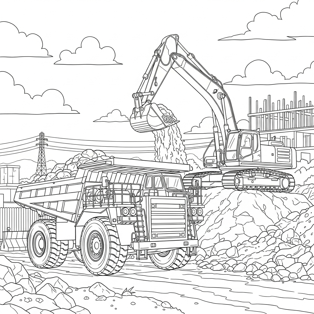 Página para Colorear de Camión Volquete Realista Junto a Excavadora coloring page printable