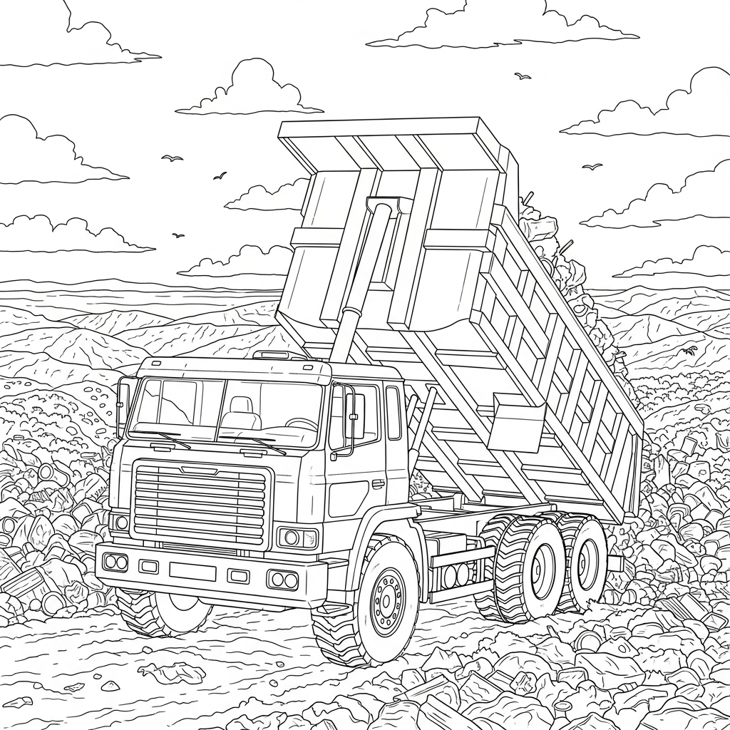 Realistic Dump Truck Coloring Page for Kids coloring page